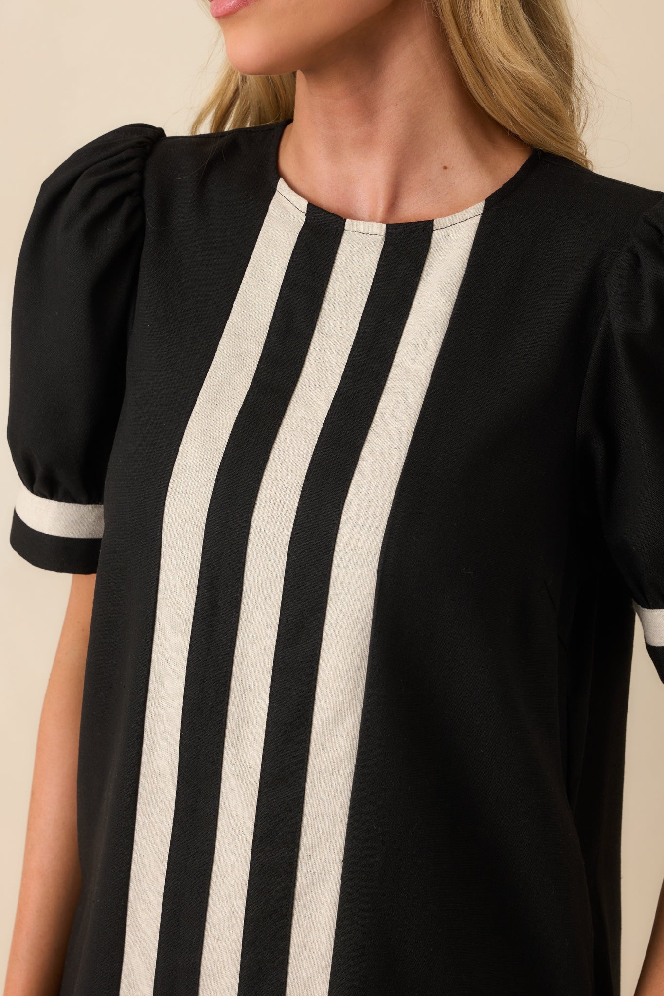 Here For This Black Linen Blend Contrast Trim Mini Dress