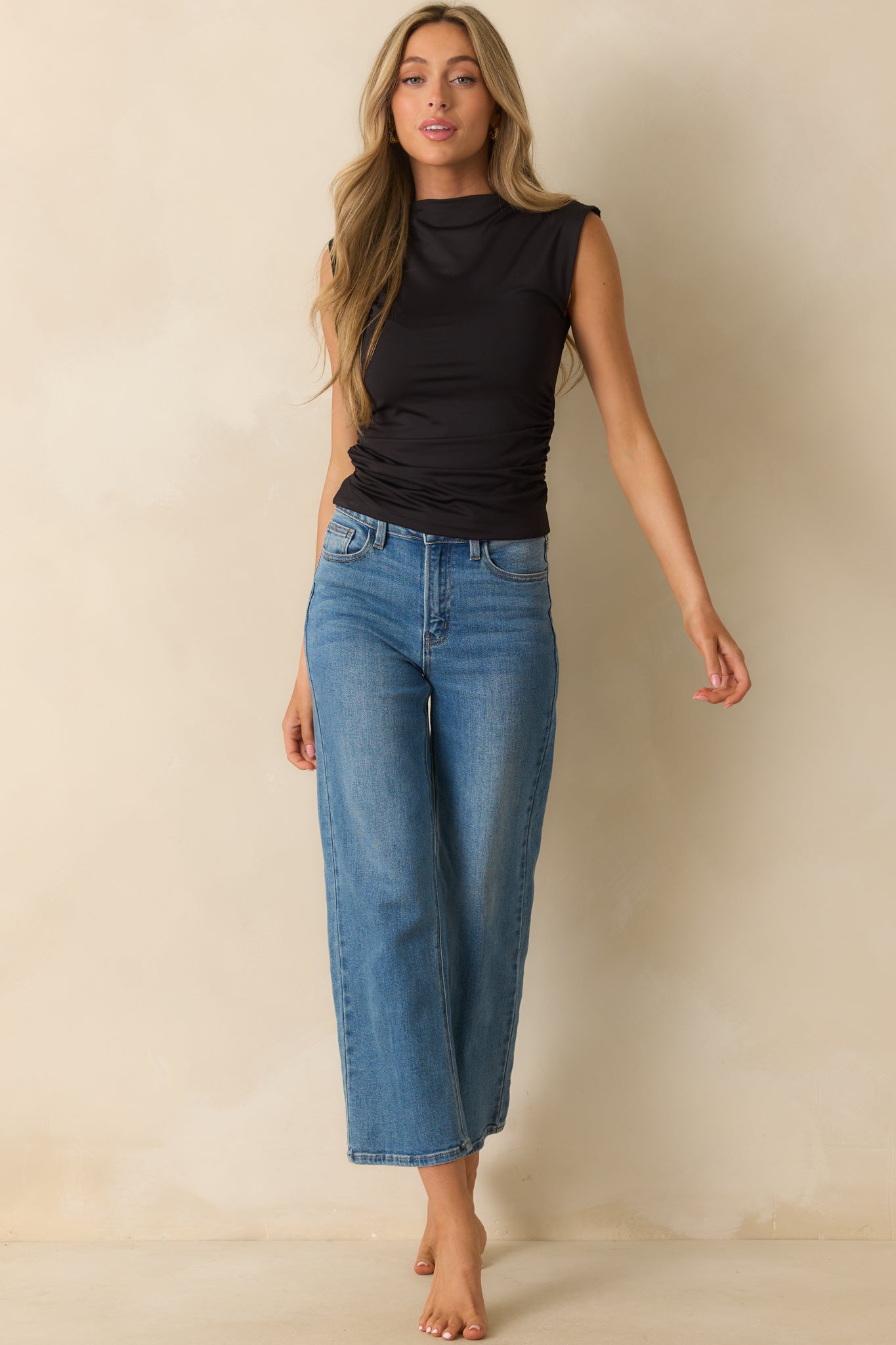 Yve Black Sleeveless Ruched Mock Neck Top