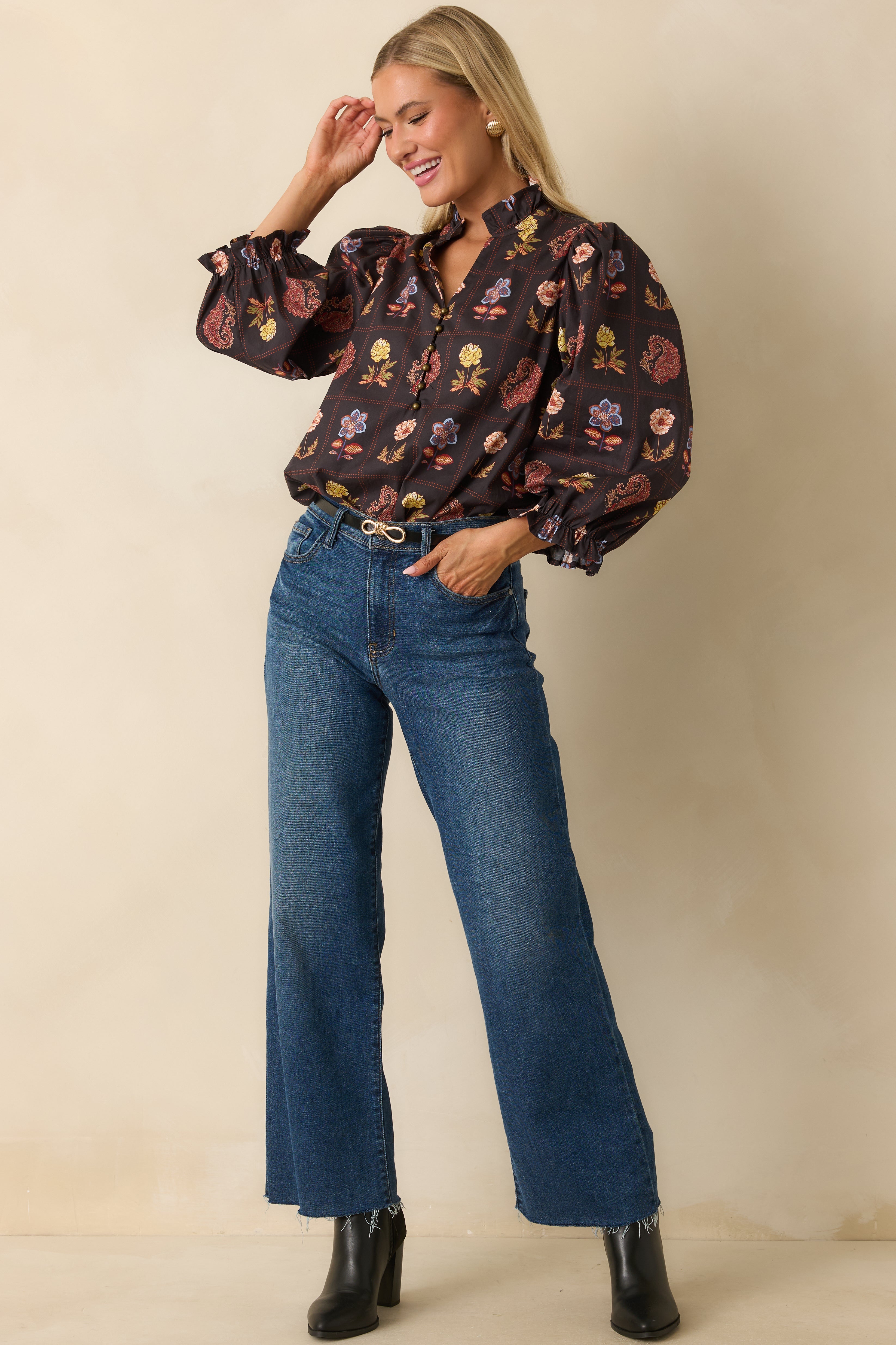 Everything's Blooming Black Multi Floral Cotton Puff Sleeve Blouse
