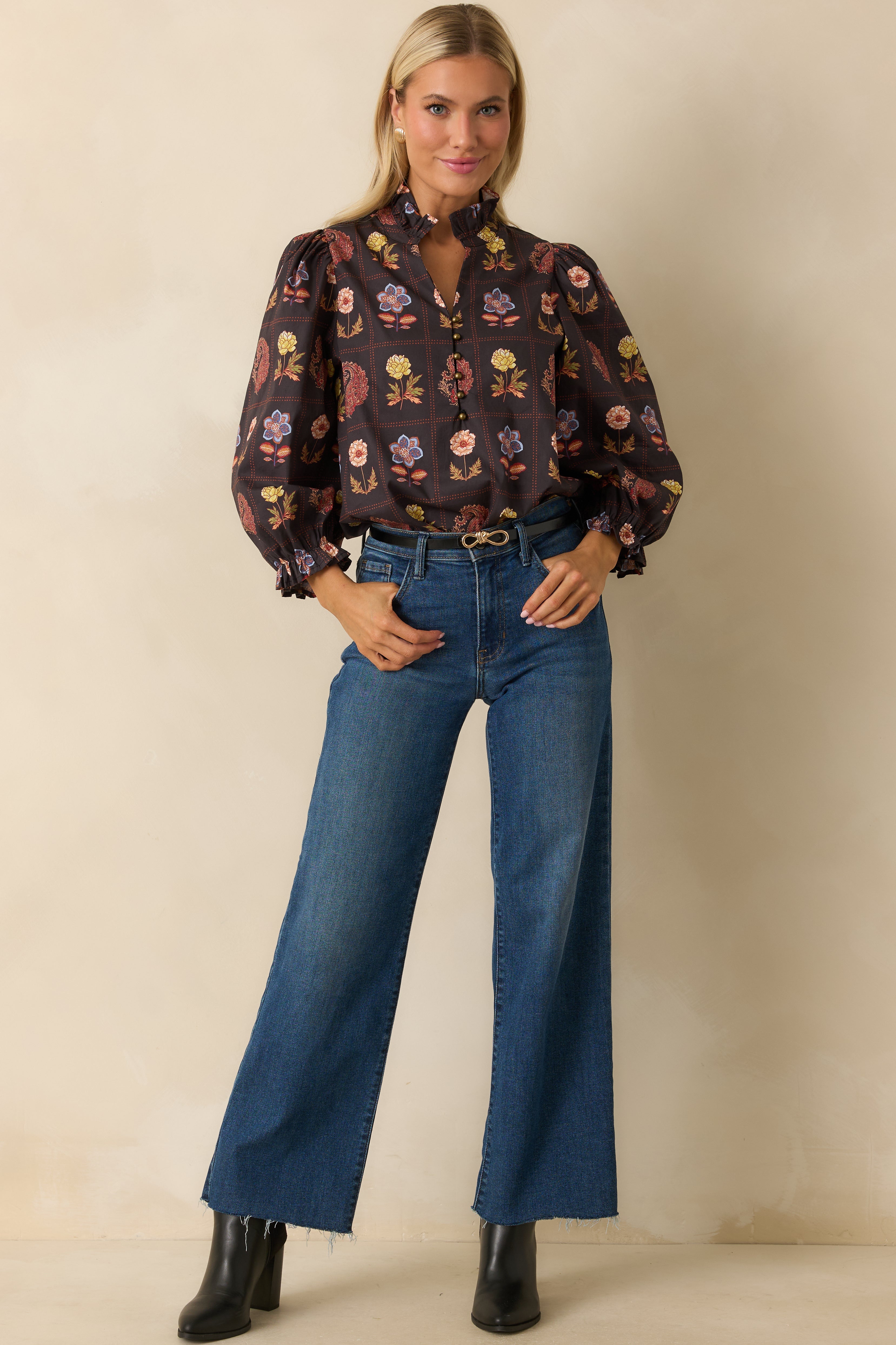 Everything's Blooming Black Multi Floral Cotton Puff Sleeve Blouse