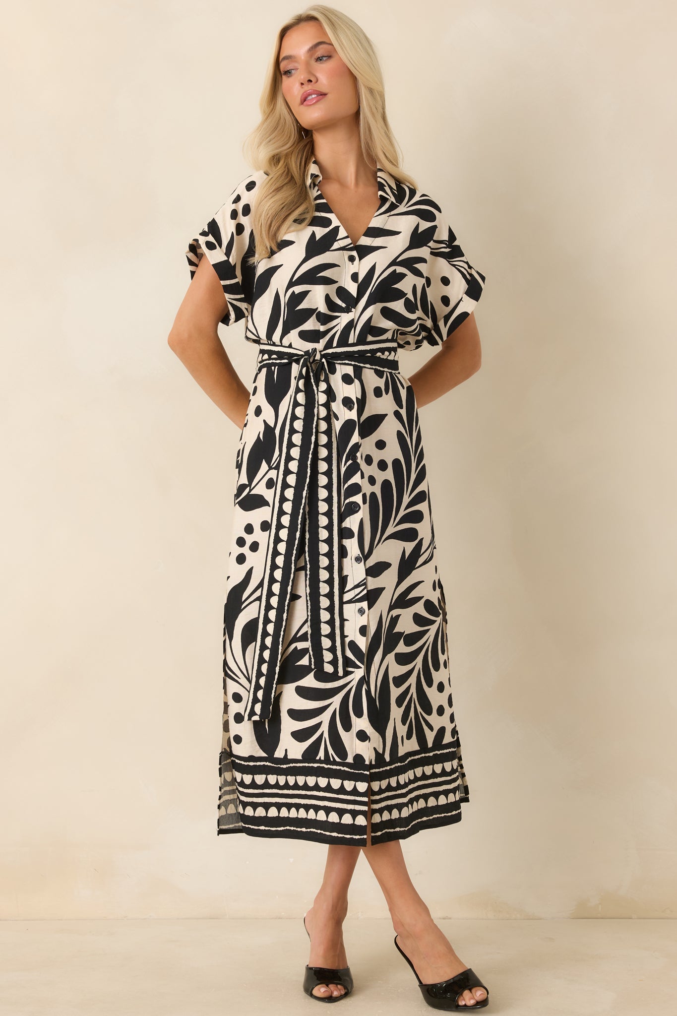 Riviera Evenings Black & Natural Botanical Print Midi Dress