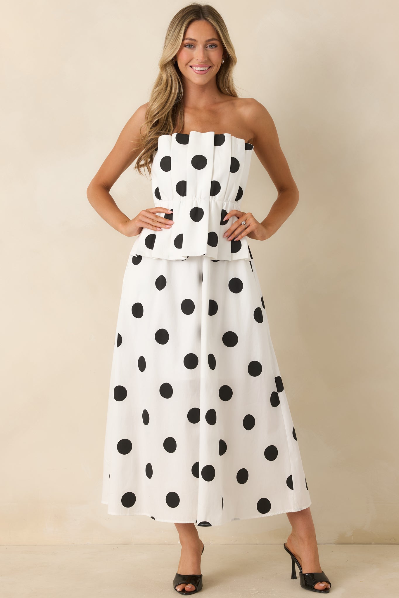 A Class of Her Own White & Black Polka Dot Strapless Midi Dress