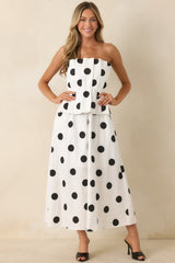 A Class of Her Own White & Black Polka Dot Strapless Midi Dress