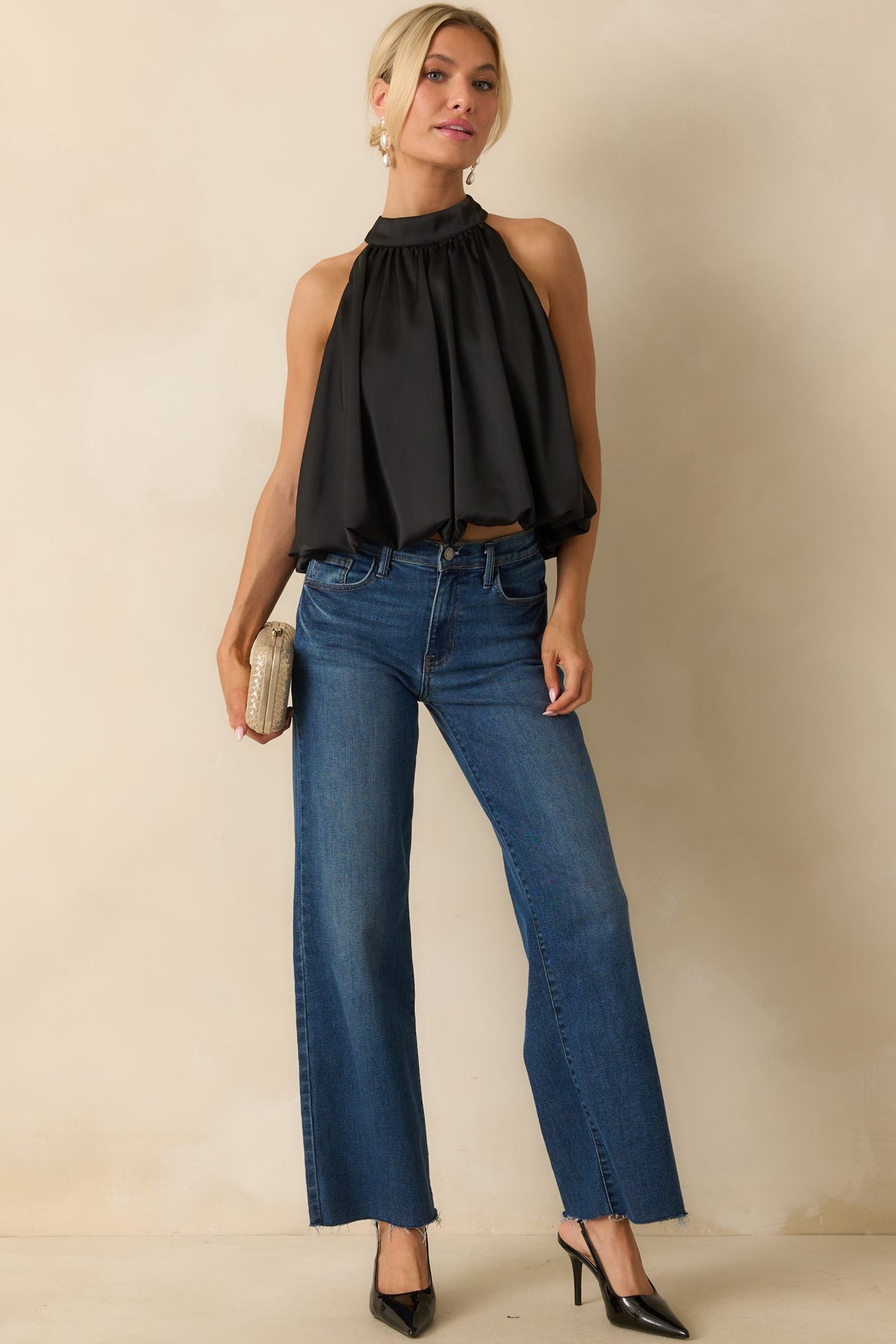 Pop the Bubbly Black Satin Blouson Halter Top