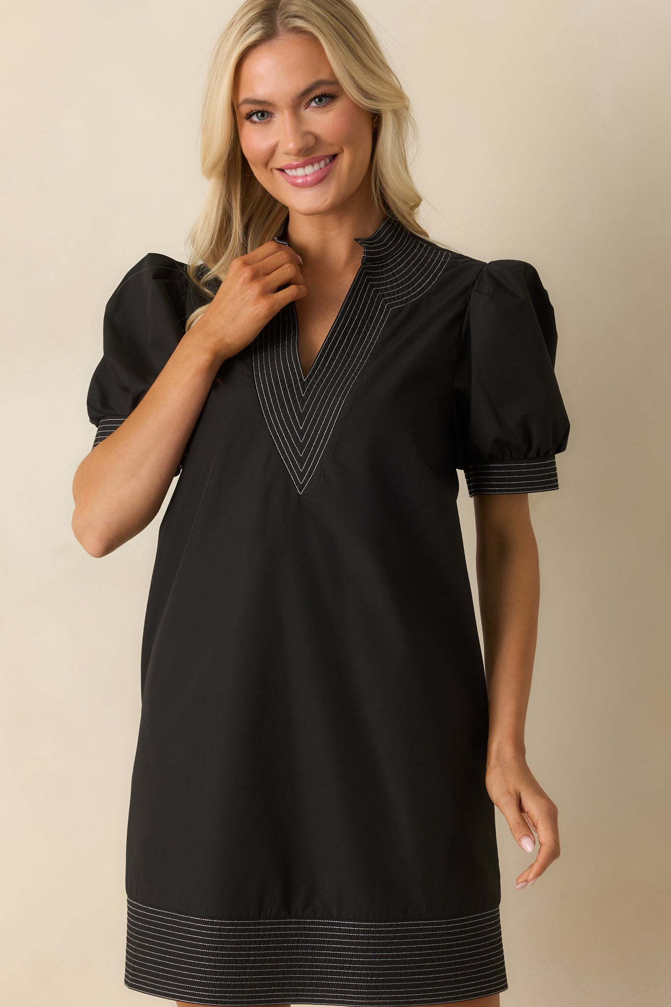 Took The Right Turn Black Cotton Puff Sleeve Mini Dress