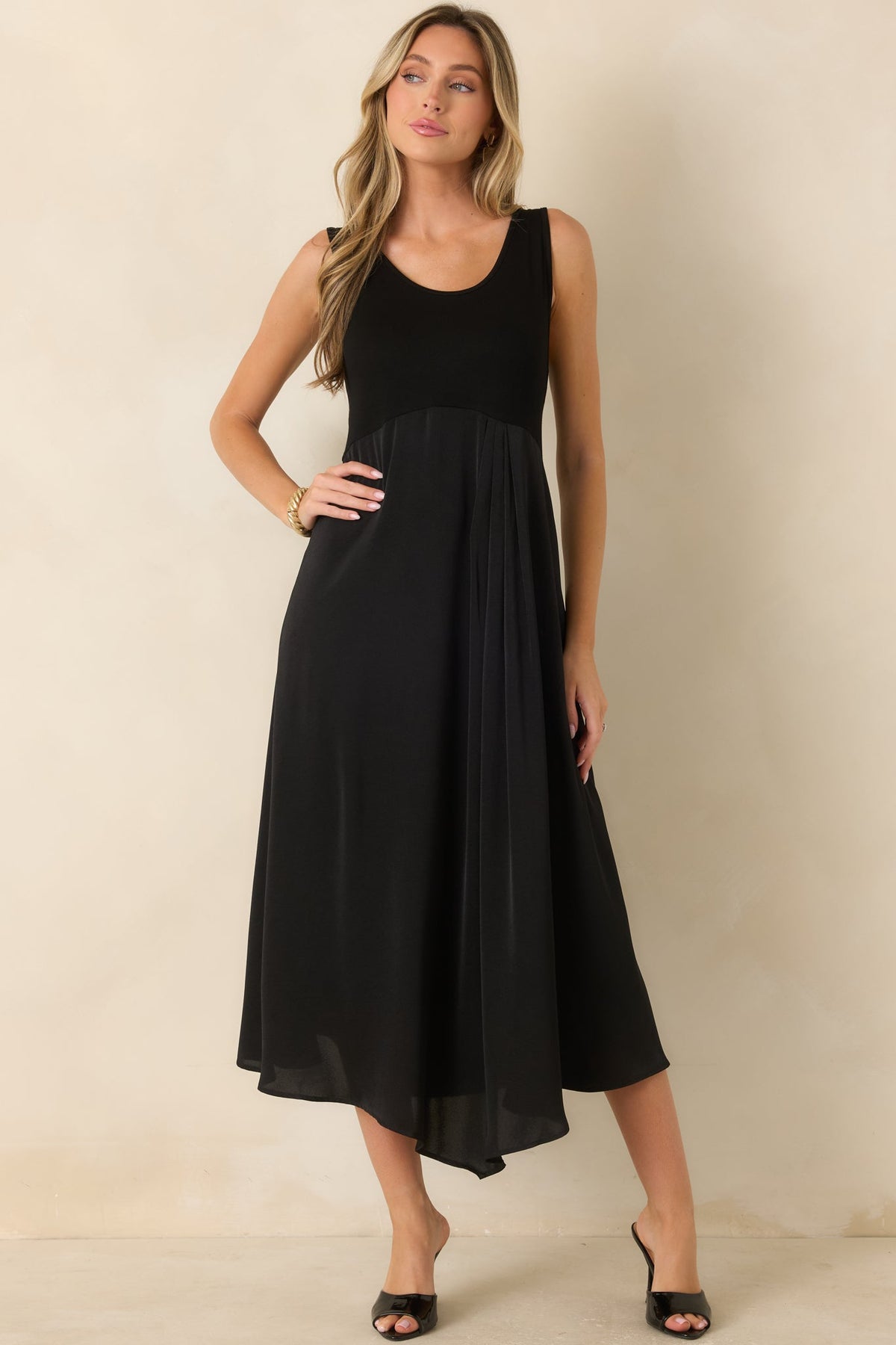 Easy Confidence Black Knit & Satin Sleeveless Midi Dress