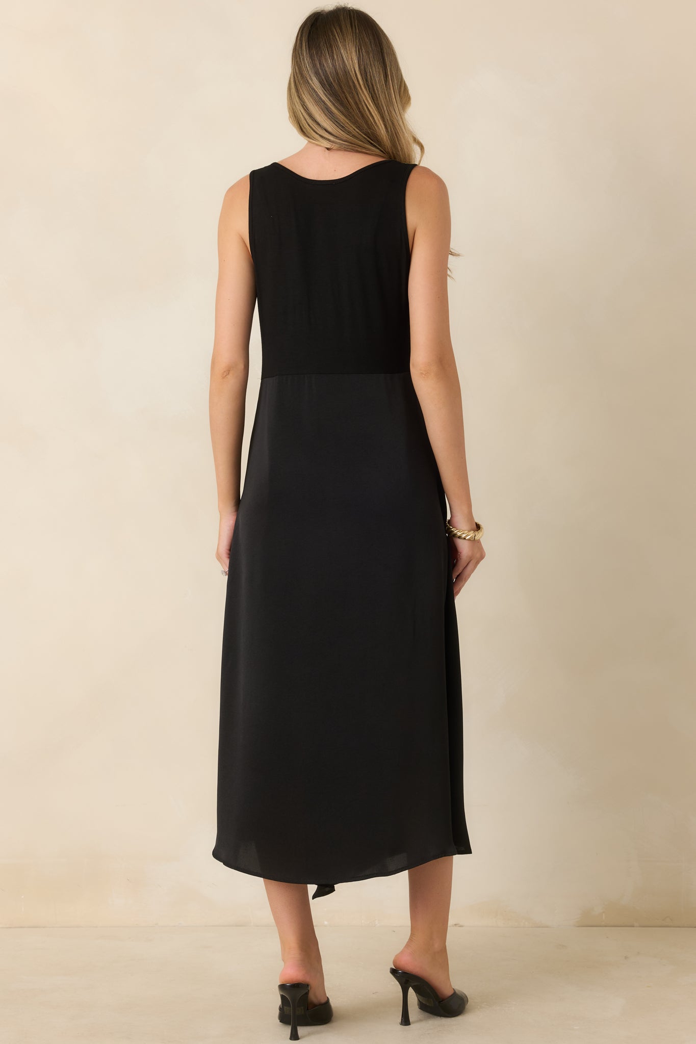 Easy Confidence Black Knit & Satin Sleeveless Midi Dress