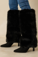 Fine Point Black Faux Fur and Suede Pointed Toe Stiletto Boots