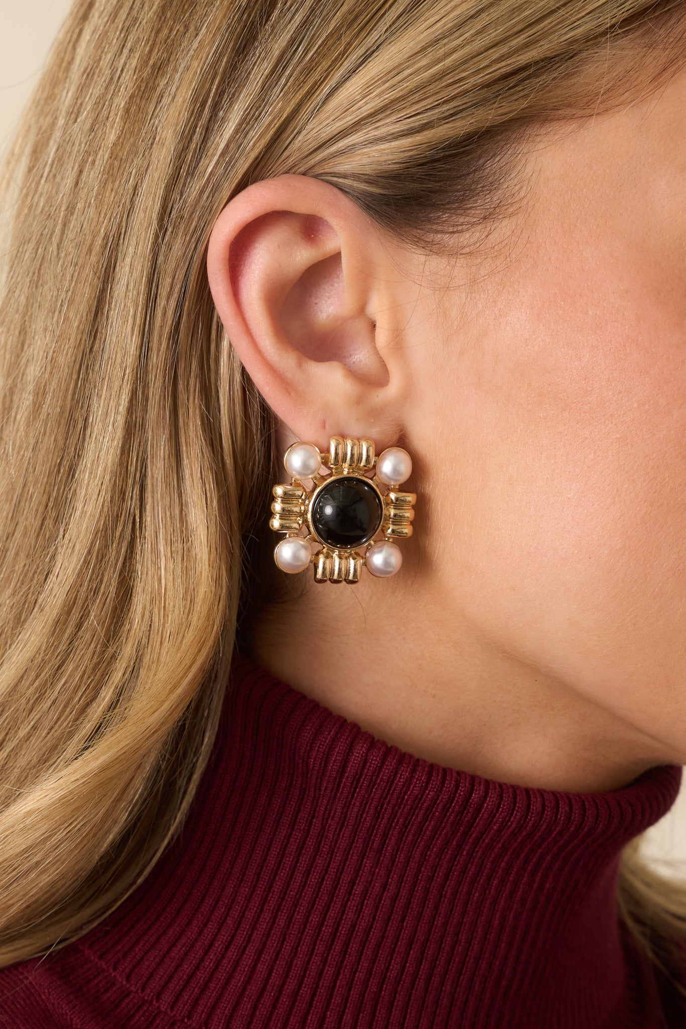Beyond The Waters Gold Square Black Stone Earrings