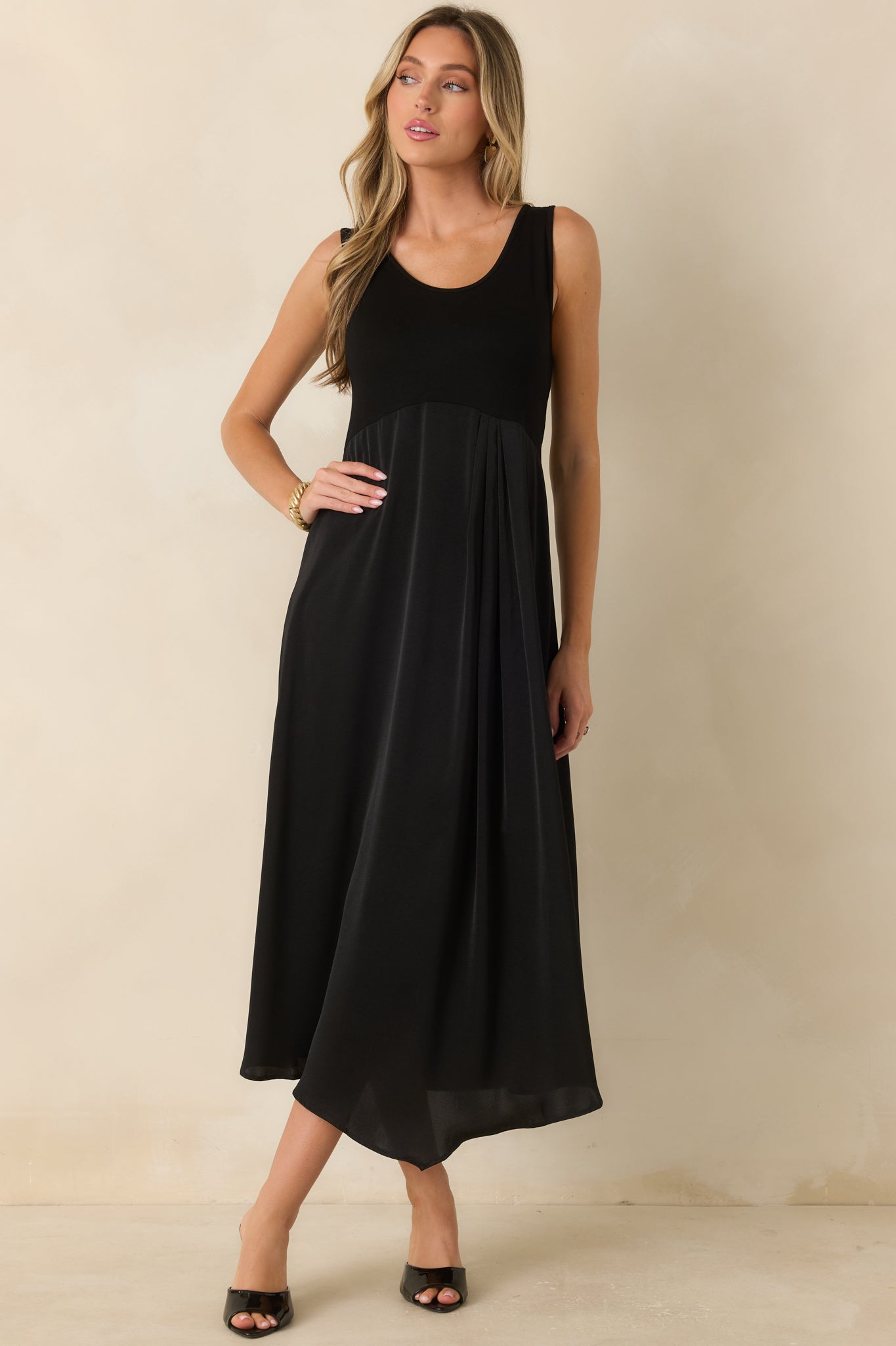 Easy Confidence Black Knit & Satin Sleeveless Midi Dress