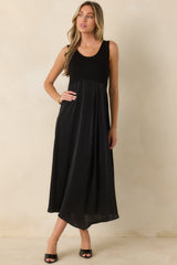 Easy Confidence Black Knit & Satin Sleeveless Midi Dress