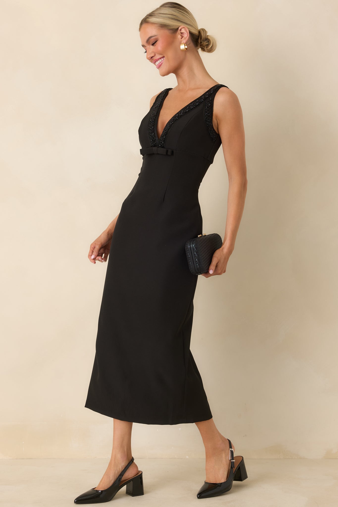 With You In Mind Black Beaded V-Neck Midi Dress