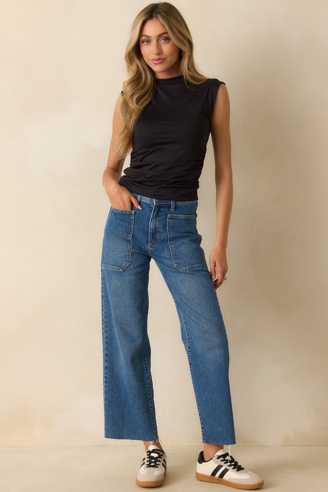 Yve Black Sleeveless Ruched Mock Neck Top