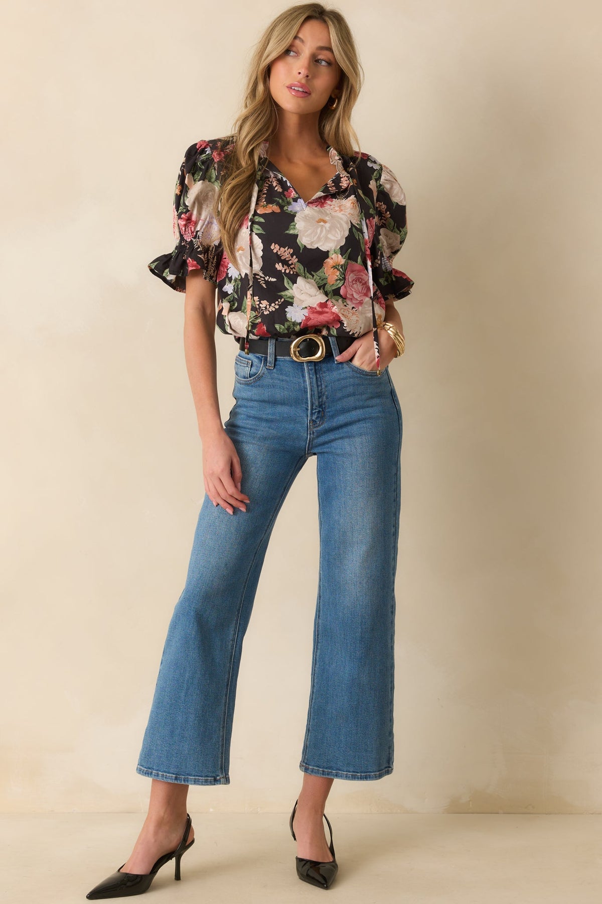 No Matter The Day Black Multi Floral Print Cotton Puff Sleeve Top