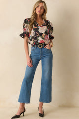 No Matter The Day Black Multi Floral Print Cotton Puff Sleeve Top