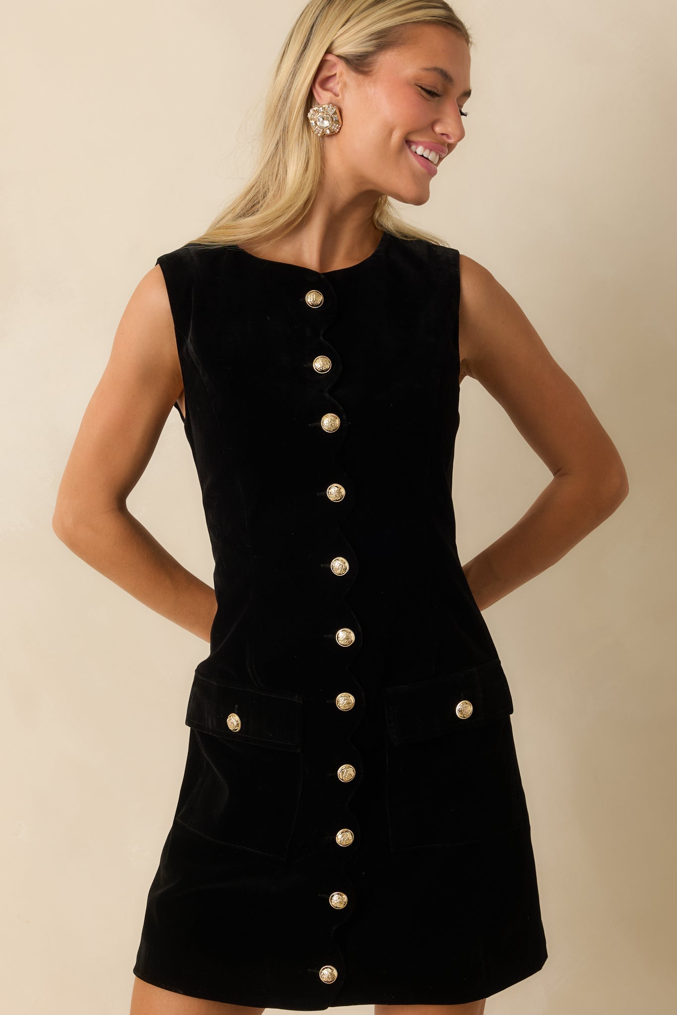 Command the Room Black Velvet Scalloped Button Front Mini Dress