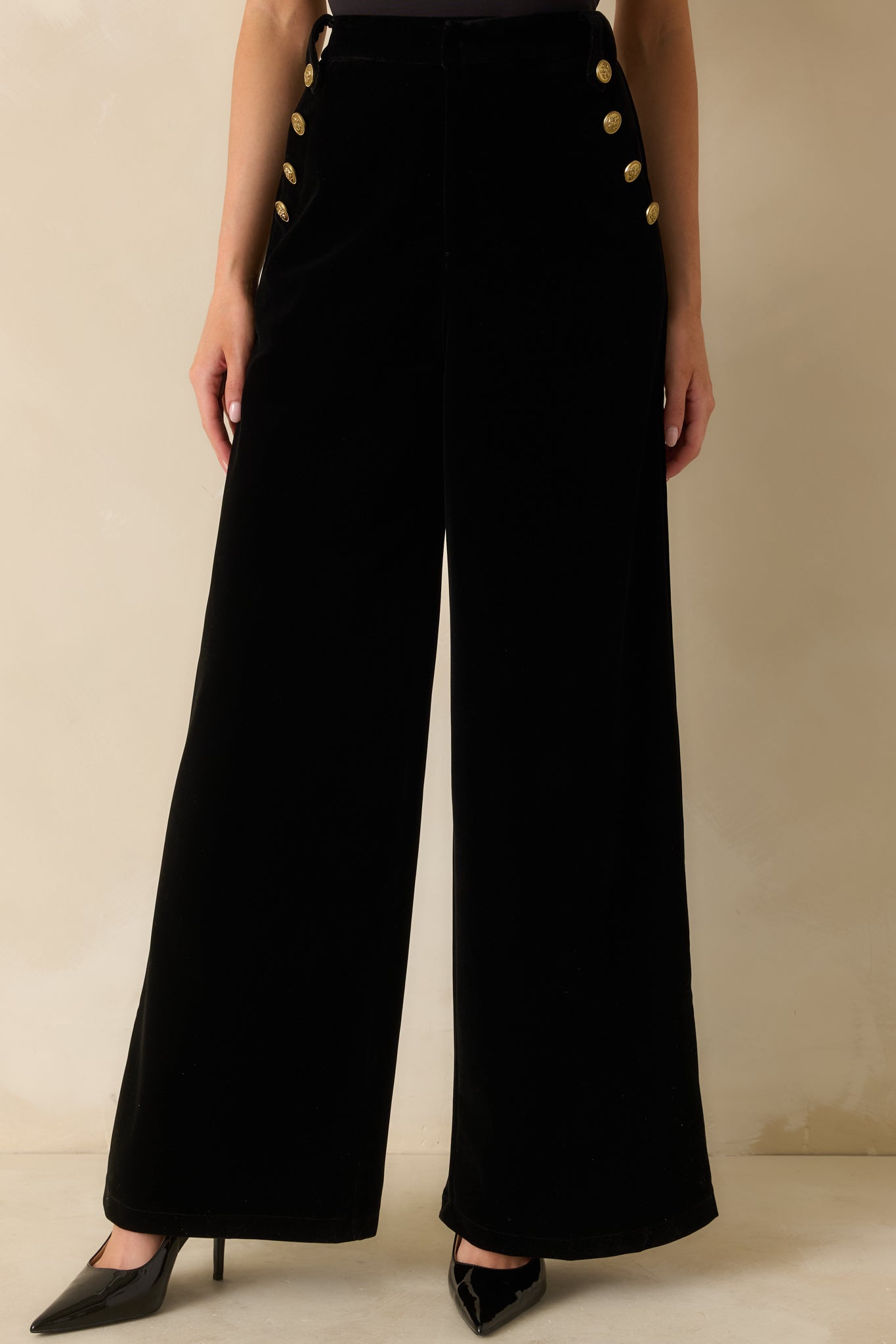 The Sleek Standard Black Velvet Button Accent Wide Leg Pants