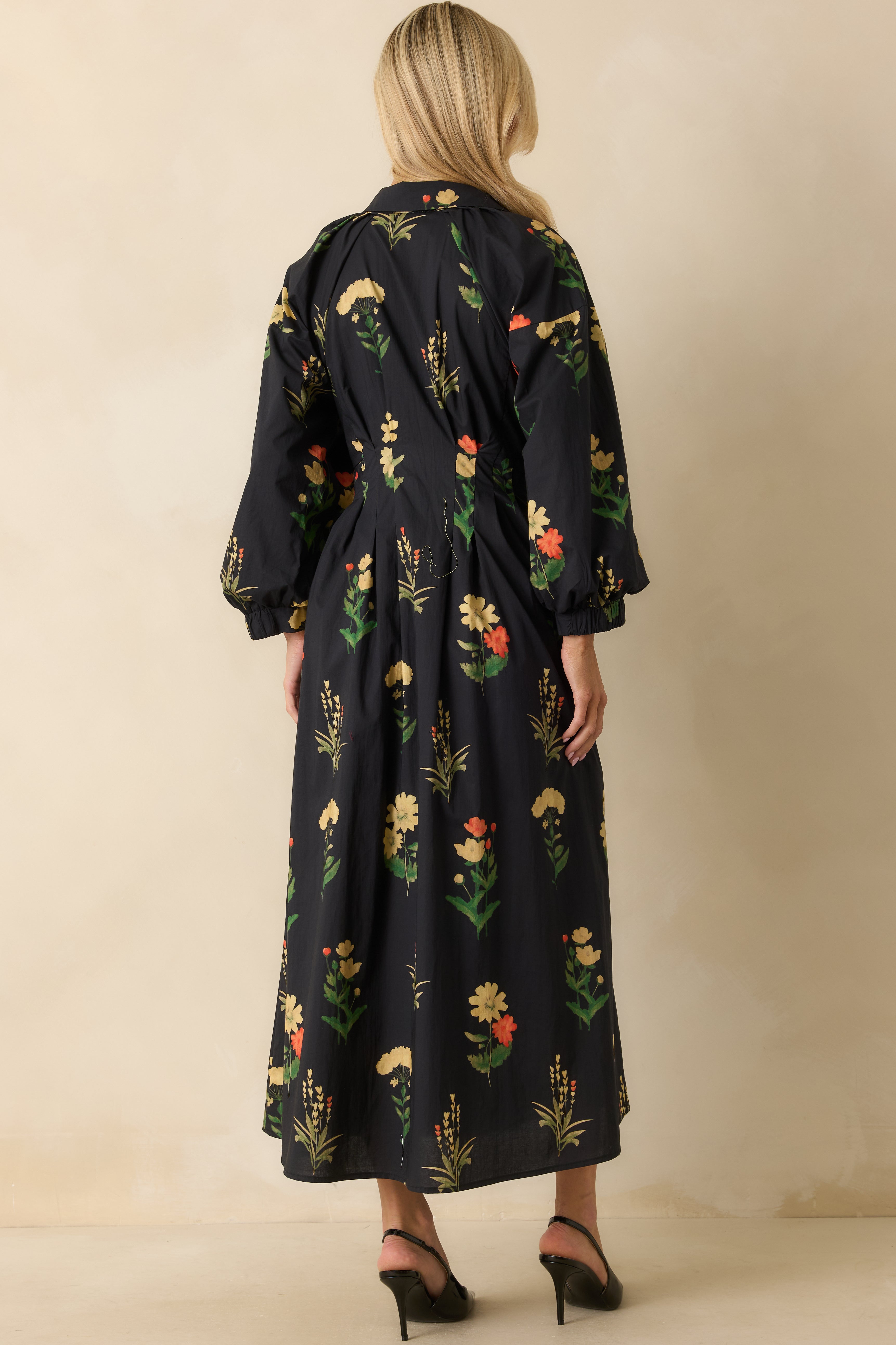 Endlessly Charmed Black Multi Floral Print Cotton Button Front Maxi Dress