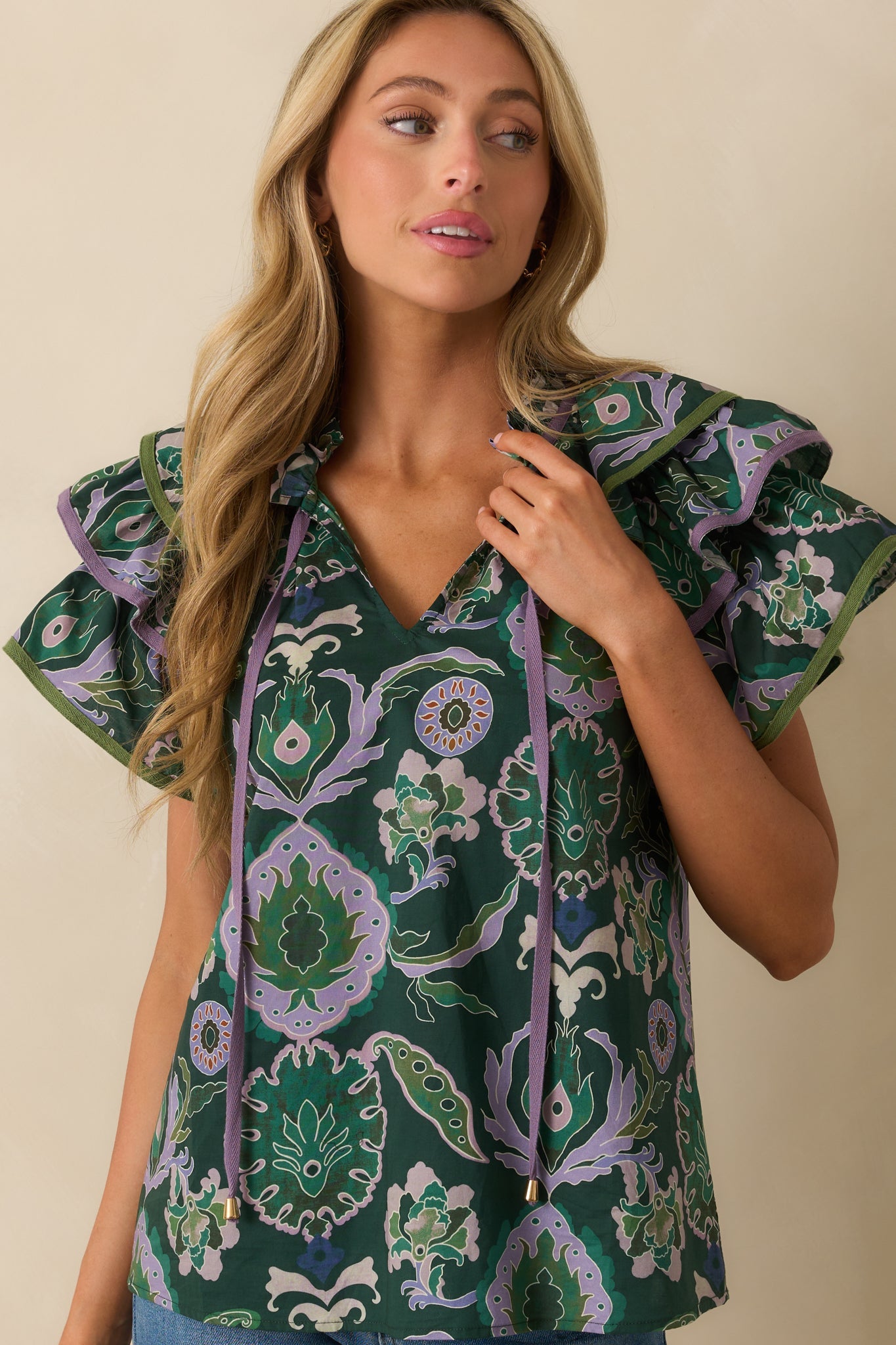 The Rest Is Certain Green Multi Print Cotton Ruffle Sleeve Blouse