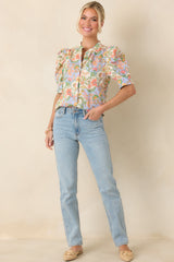 Somebody to Love Ivory Multi Floral Paisley Cotton Puff Sleeve Blouse