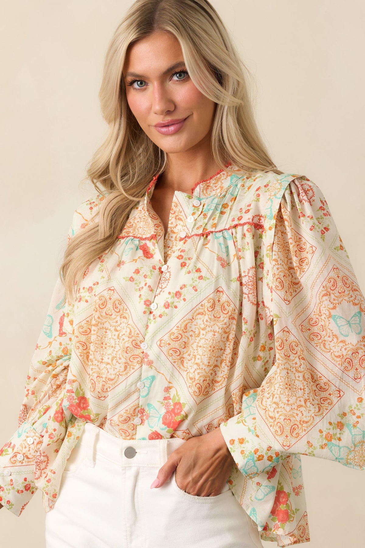 Moments That Linger Orange Patchwork Cotton Button Front Top