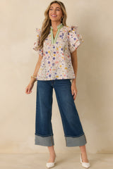 Painted Meadows Ivory Multi Cotton Floral Print Ruffle Sleeve Blouse