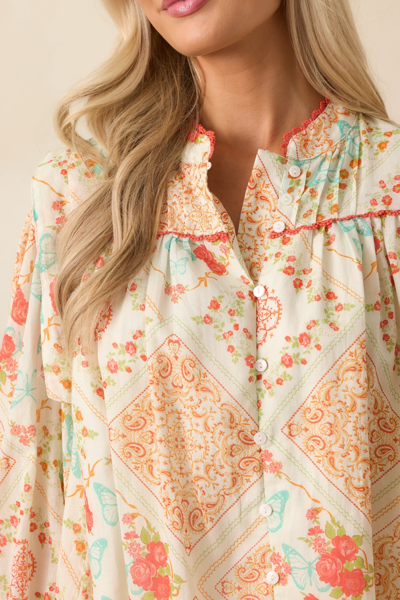 Moments That Linger Orange Patchwork Cotton Button Front Top
