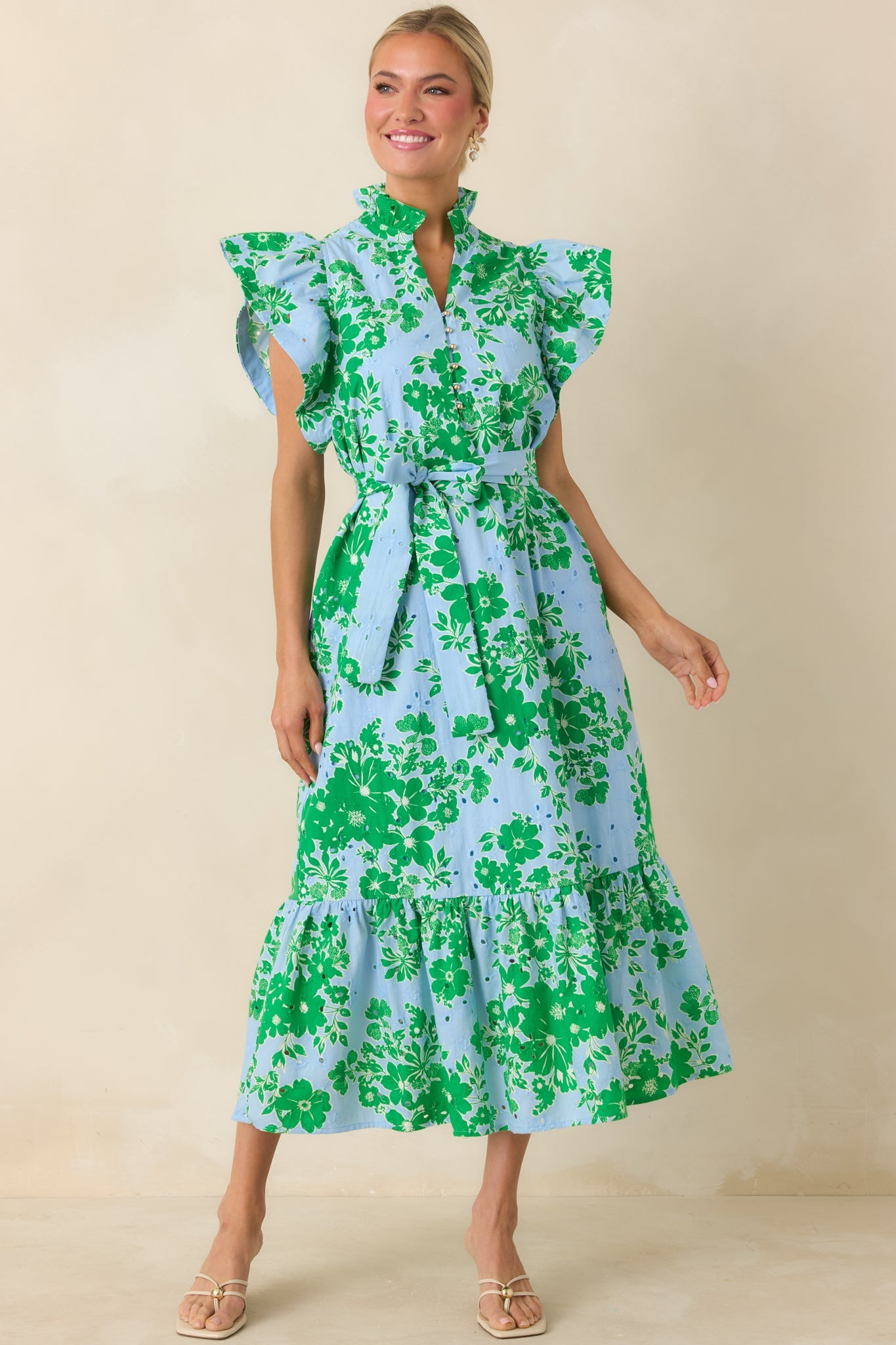Fresh Air Floral Blue & Green Cotton Floral Eyelet Midi Dress
