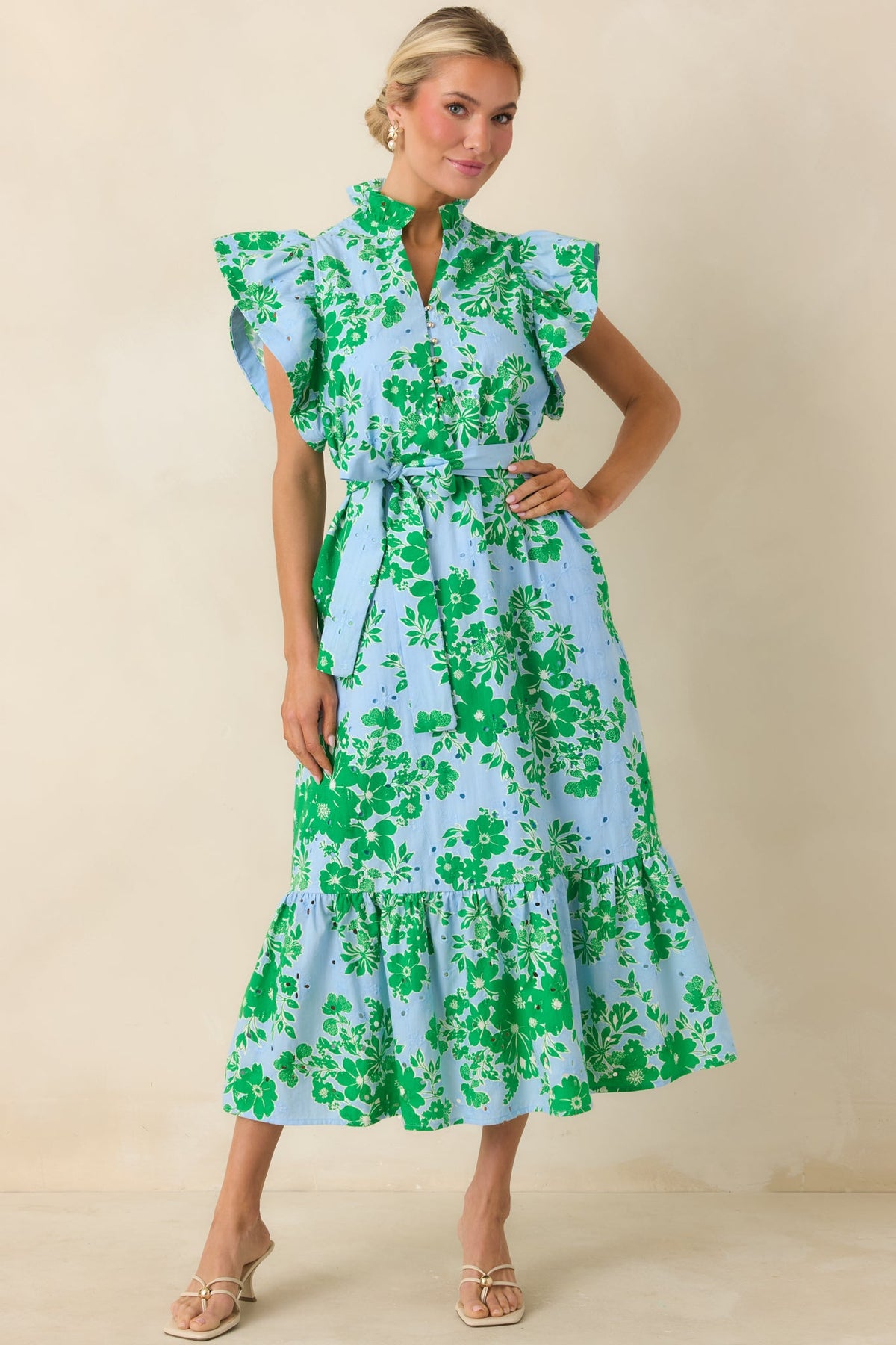 Fresh Air Floral Blue & Green Cotton Floral Eyelet Midi Dress