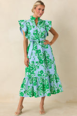 Fresh Air Floral Blue & Green Cotton Floral Eyelet Midi Dress