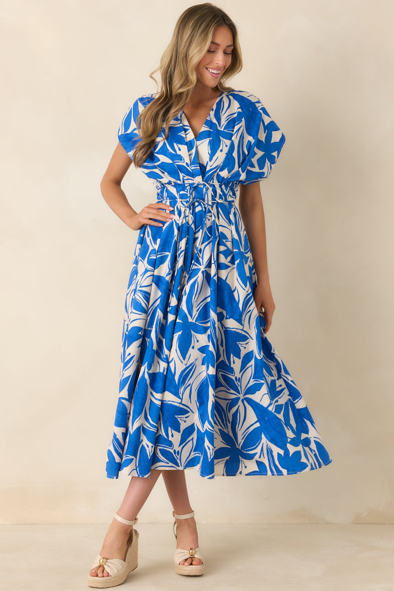 Far From Here Blue & Ivory Floral Print Cotton Maxi Dress
