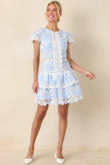 Tea with the Duchess Blue & Ivory Floral Lace Ruffle Hem Mini Dress