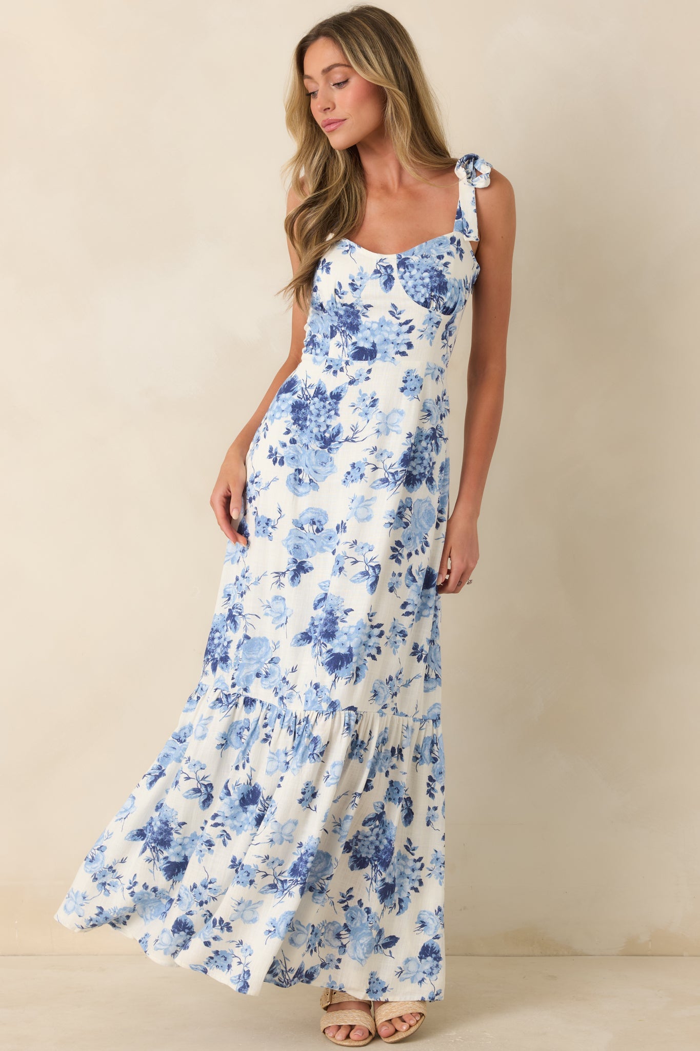 Timeless & True Blue Floral Tie Shoulder Tiered Midi Dress