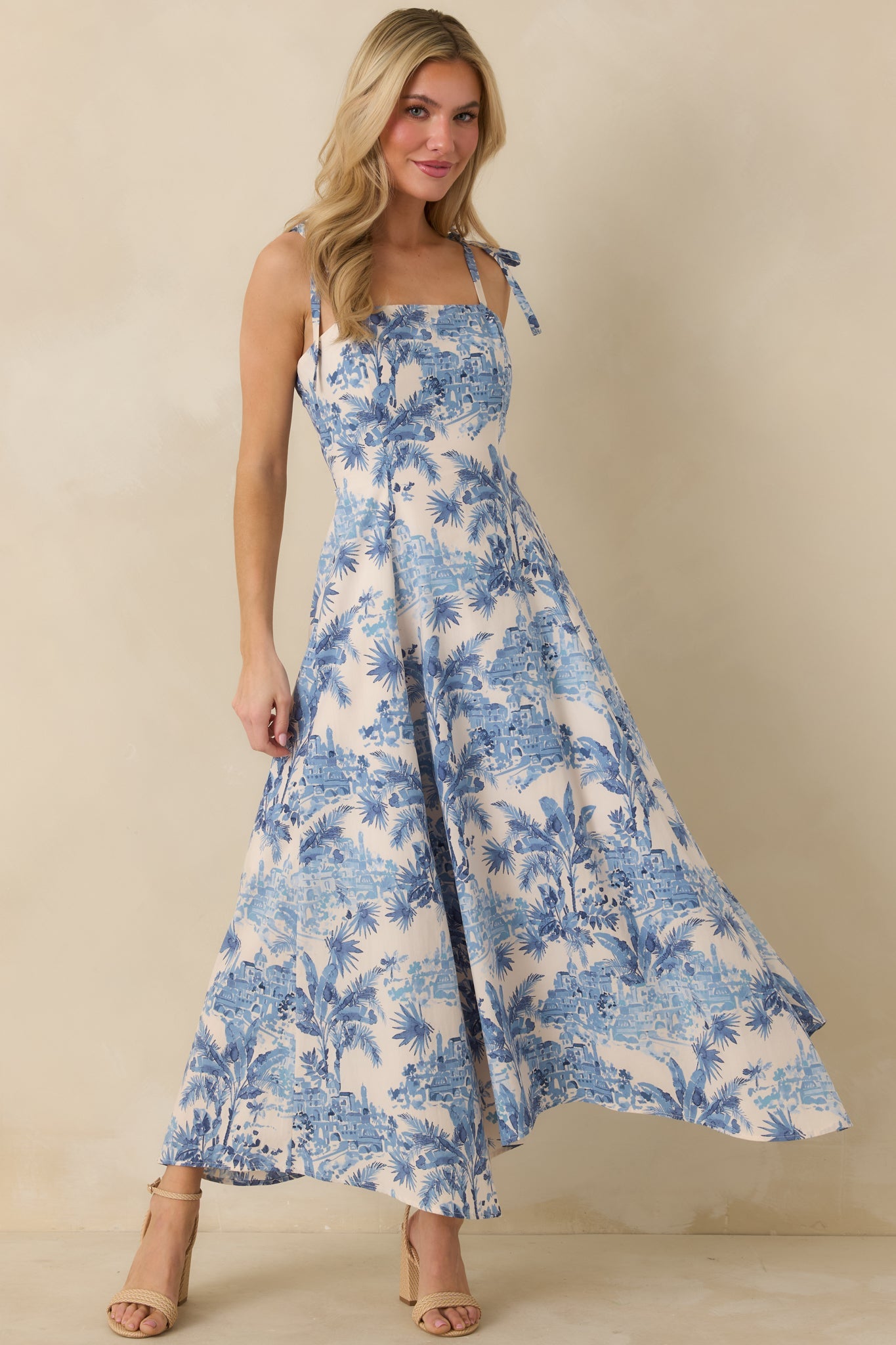 Santorini Sketch Blue Palm Print Tie Strap Maxi Dress