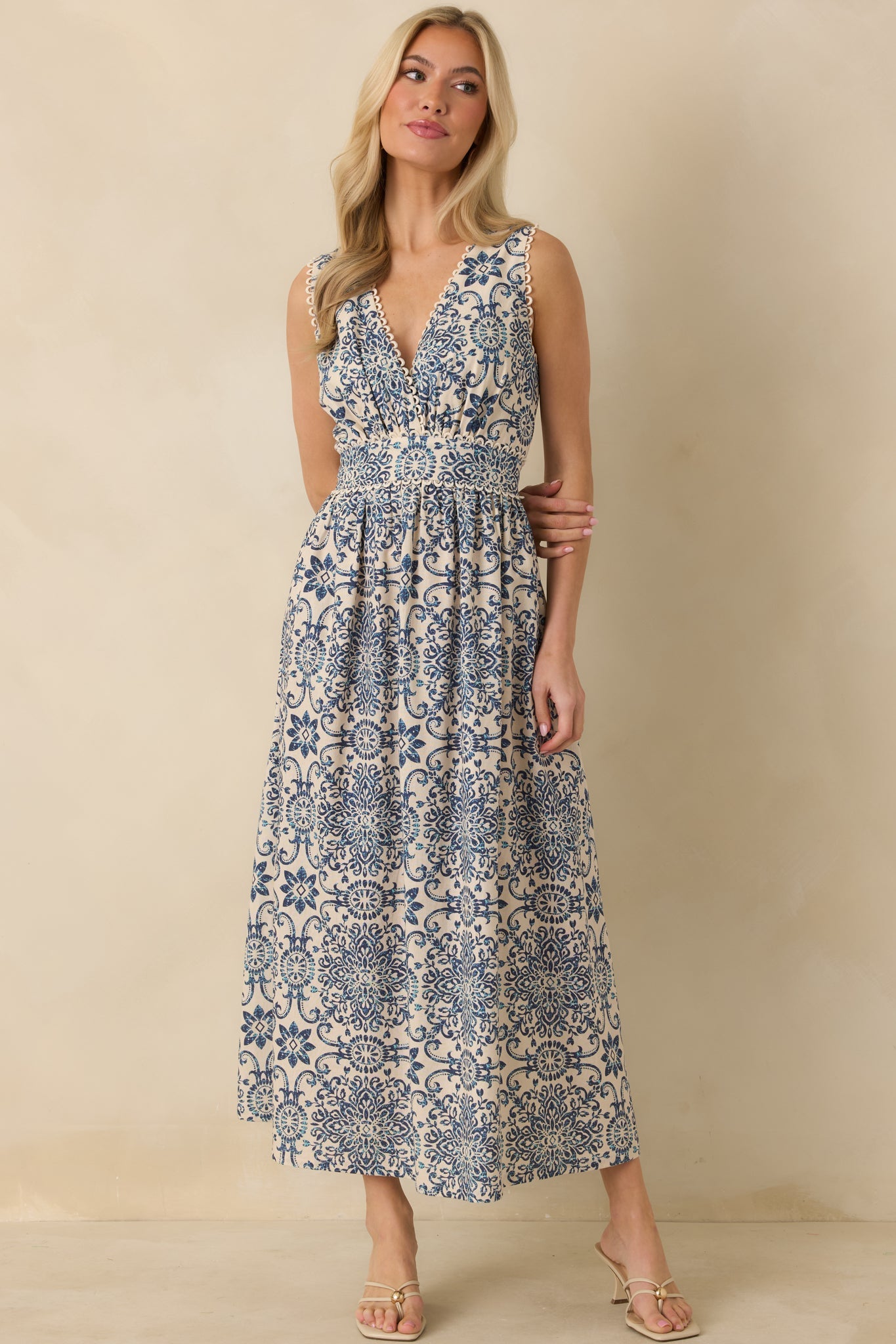 A Lovely Escape Blue Tile Print Linen Blend Sleeveless Maxi Dress
