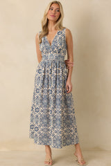 A Lovely Escape Blue Tile Print Linen Blend Sleeveless Maxi Dress