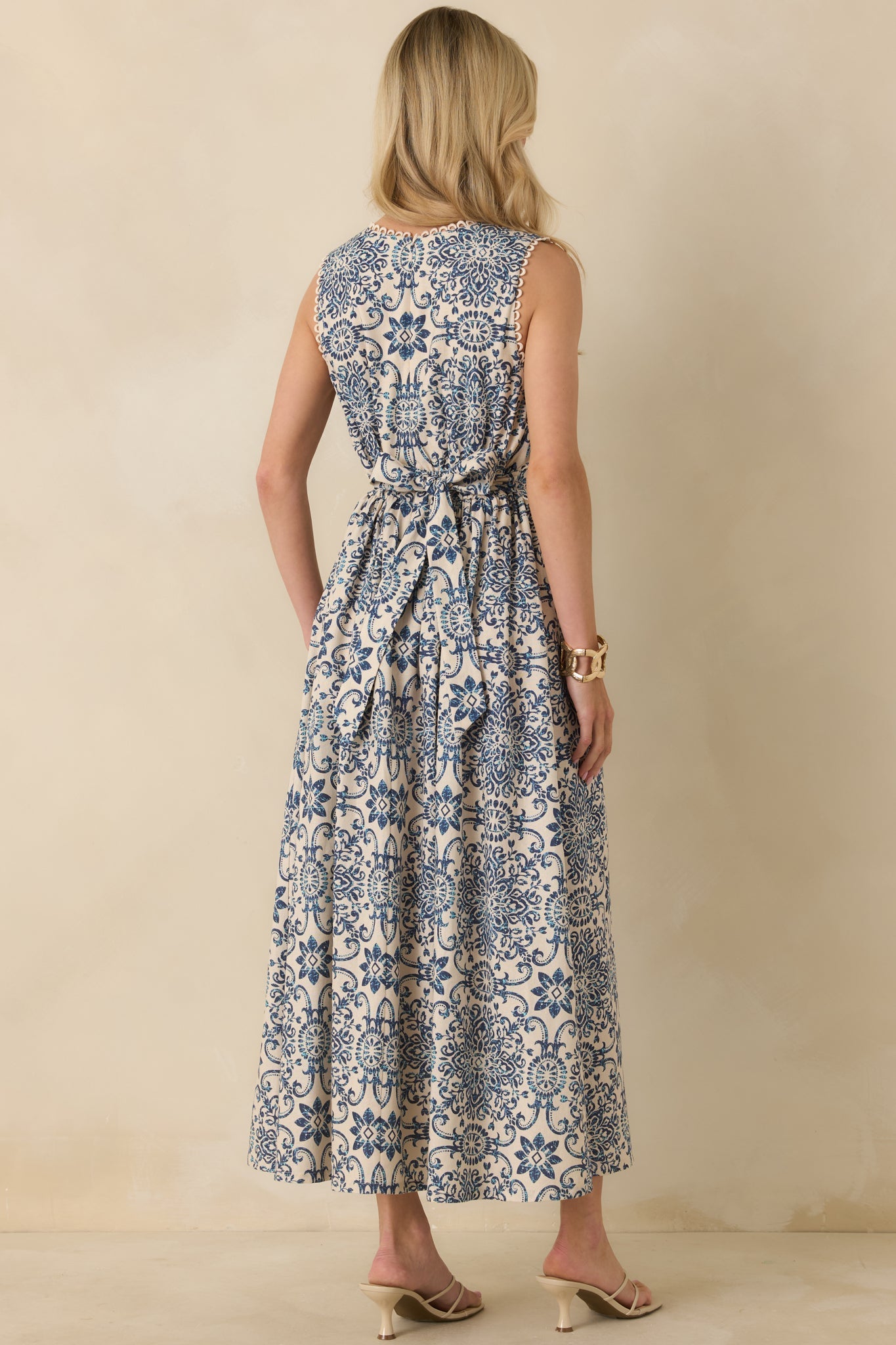 A Lovely Escape Blue Tile Print Linen Blend Sleeveless Maxi Dress