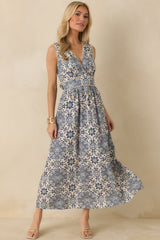 A Lovely Escape Blue Tile Print Linen Blend Sleeveless Maxi Dress