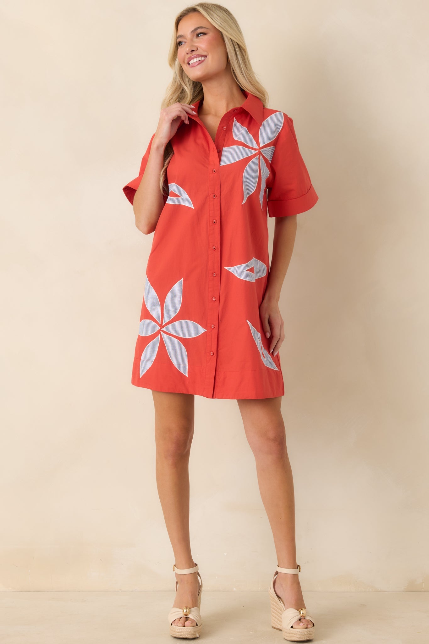 Bloom & Be Seen Poppy Red Cotton Floral Applique Mini Shirt Dress