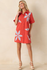 Bloom & Be Seen Poppy Red Cotton Floral Applique Mini Shirt Dress