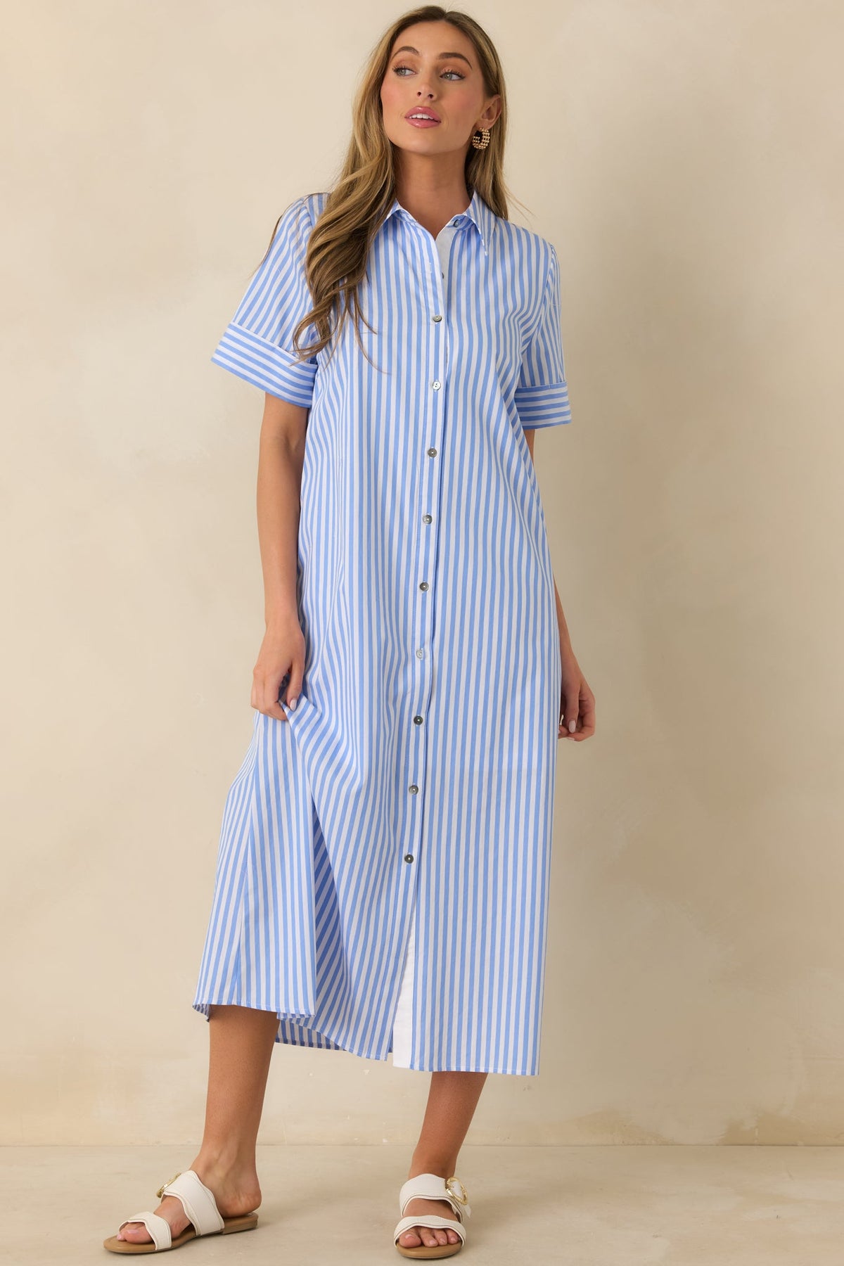 Pretty in Pinstripes Blue Cotton Stripe Button Front Maxi Shirt Dress