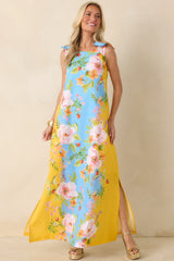 Prosperina Lucie Blue & Yellow Floral Linen Blend Maxi Dress
