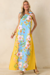 Prosperina Lucie Blue & Yellow Floral Linen Blend Maxi Dress