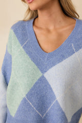 Just My Style Blue Multi Knit Argyle V-Neck Sweater