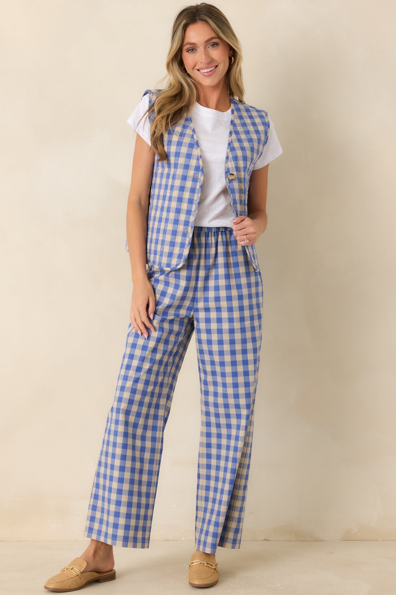 FRNCH Maris Azure Blue Gingham Cotton Pants