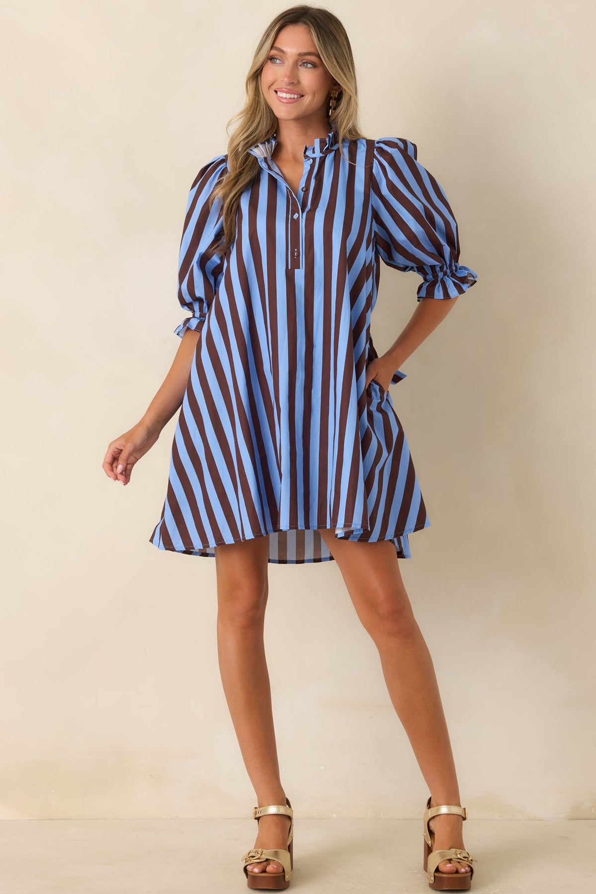 Here's the Plan Blue & Brown Stripe Cotton Mini Shift Dress