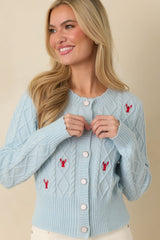 Main Lobster Energy Light Blue Embroidered Cardigan Sweater