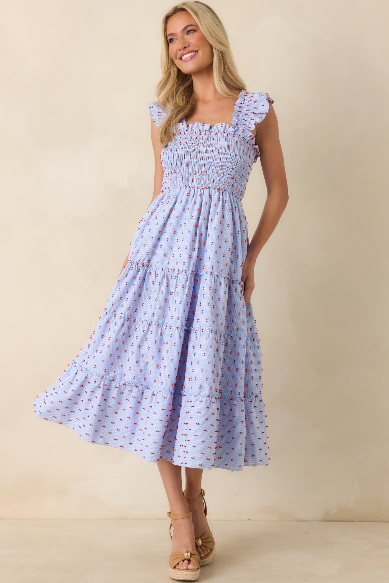 Prosperina Felicity Blue Gingham Embroidered Midi Dress