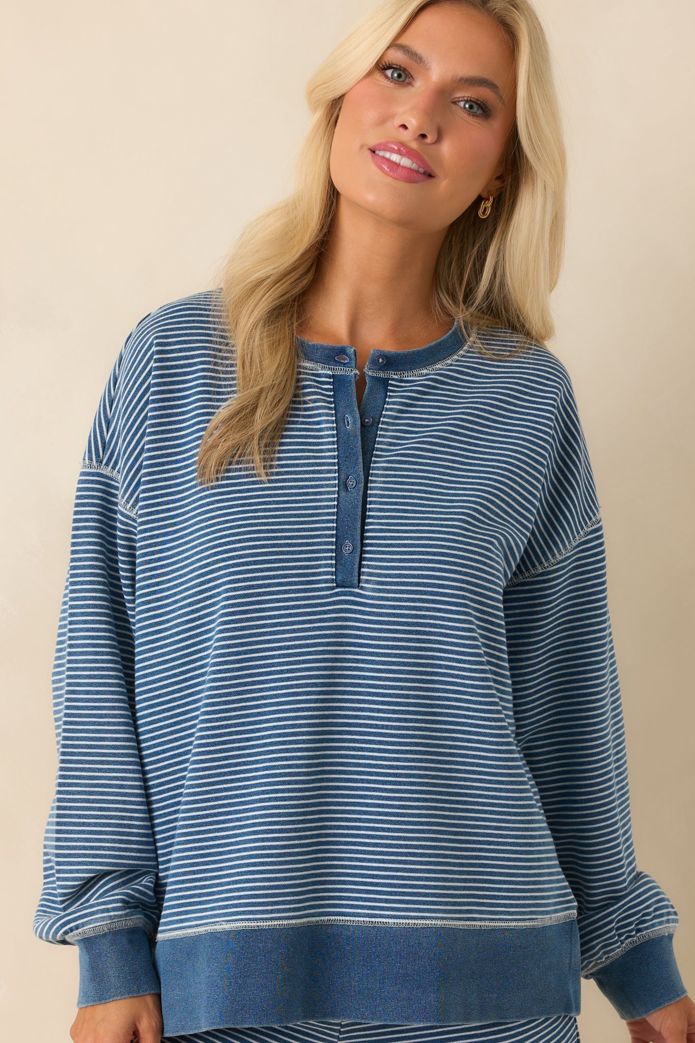Z Supply Blue Cotton Apollo Knit Denim Striped Sweatshirt