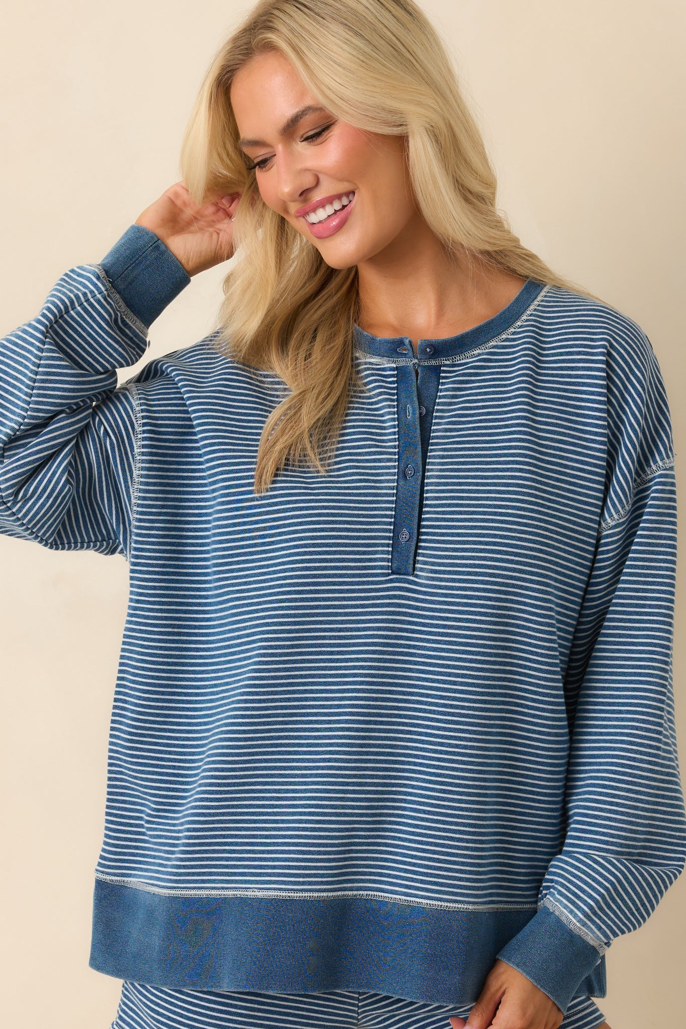 Z Supply Blue Cotton Apollo Knit Denim Striped Sweatshirt